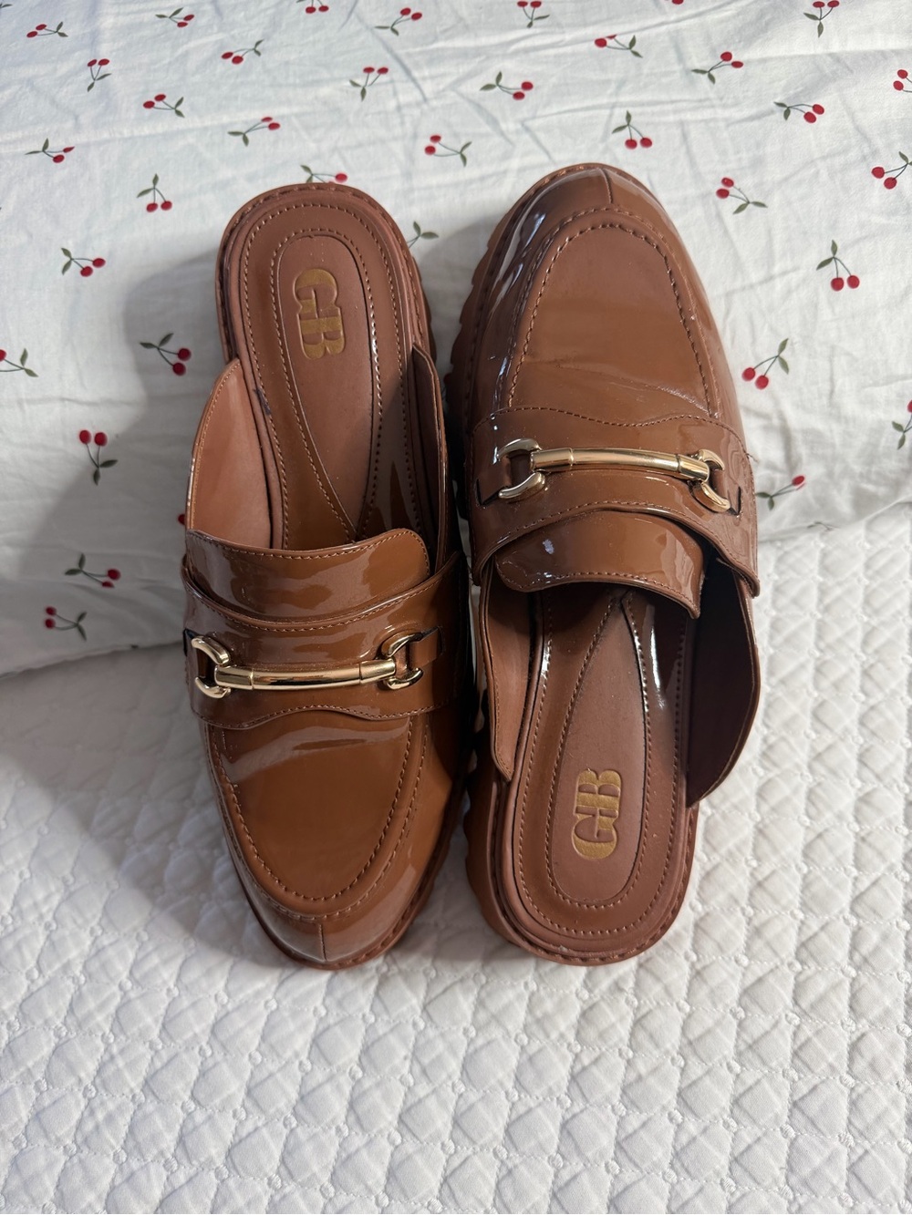 Gianni Bini Brown Patent Leather Slip-On Mules with Gold Tone Bit